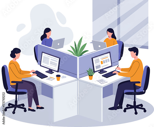 Four Colleagues Working in a Modern Office Cubicle.