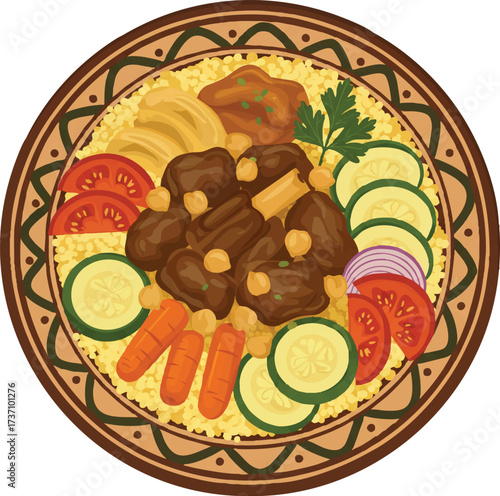 Traditional Moroccan Algerian and Tunisian Couscous Platter with Lamb Vegetables Chickpeas in Decorative Ceramic Serving Plate Vector