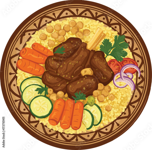 Traditional Moroccan Algerian and Tunisian Couscous Platter with Lamb Vegetables Chickpeas in Decorative Ceramic Serving Plate Vector