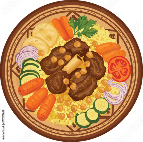 Traditional Moroccan Algerian and Tunisian Couscous Platter with Lamb Vegetables Chickpeas in Decorative Ceramic Serving Plate Vector