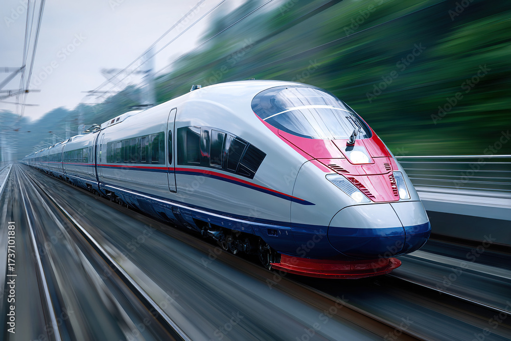Fototapeta premium High-speed train running on modern railway tracks at high speed