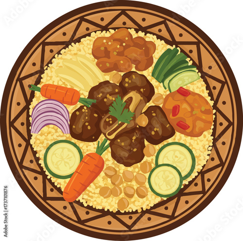 Traditional Moroccan Algerian and Tunisian Couscous Platter with Lamb Vegetables Chickpeas in Decorative Ceramic Serving Plate Vector