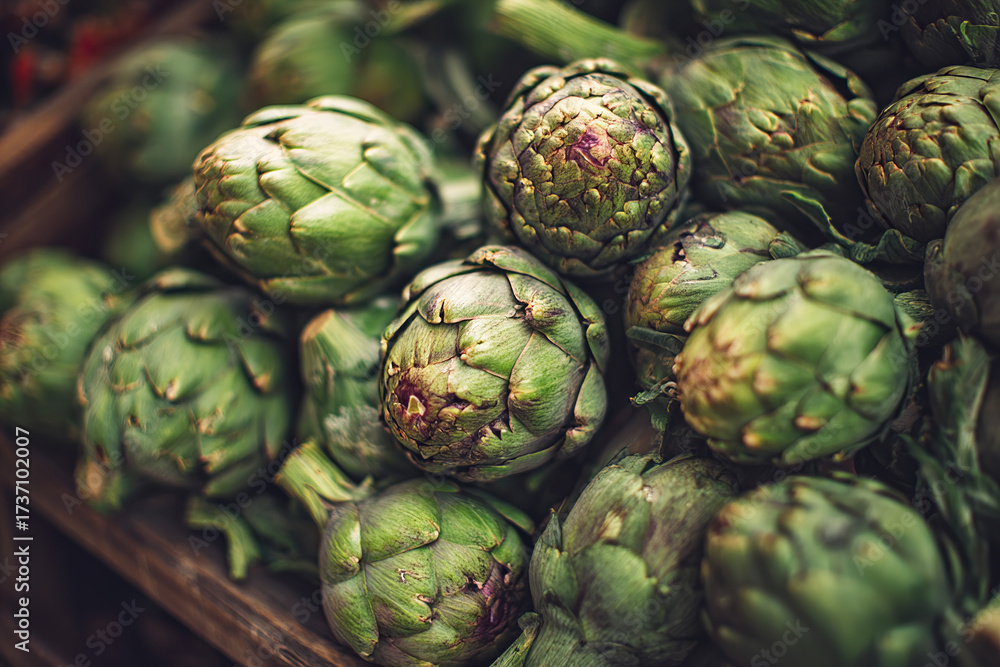 Fototapeta premium Fresh green artichokes displayed in a market for healthy eating
