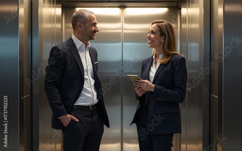 Businesspeople Discussing Standing Near Elevator. High quality