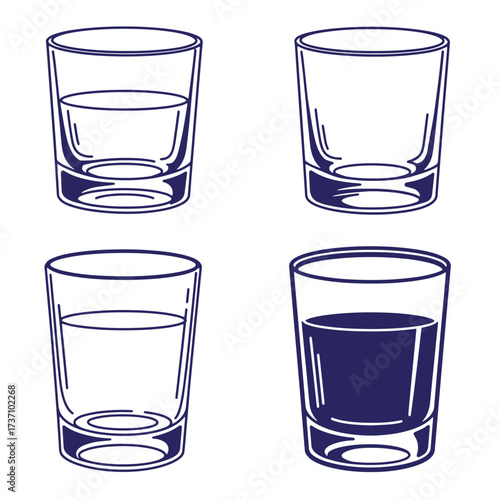 Simple vector illustration of different glasses filled with beverages and empty vessels