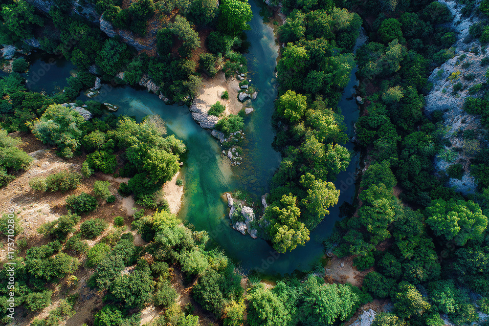 Fototapeta premium Aerial View of a Serpentine River Winding Through Lush Green Forests