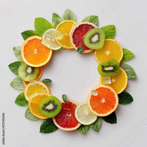 A vibrant, circular arrangement of citrus slices, kiwi, and greenery on a white backdrop