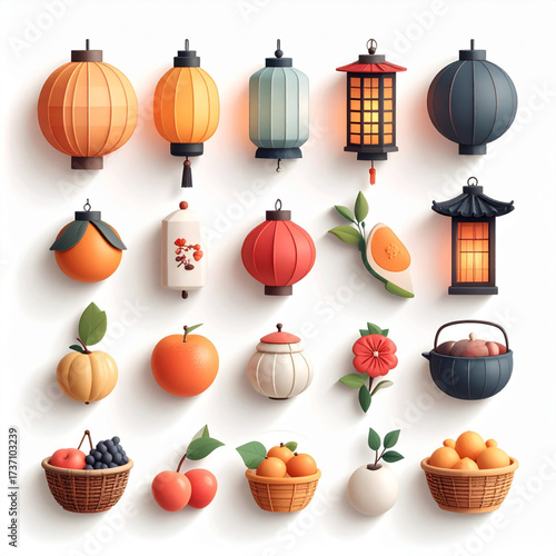 A Collection of Traditional Lanterns and Autumn Fruits in a Modern Minimalist Style 