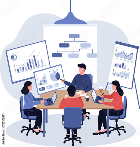 Business Team Meeting Around Table with Charts and Laptops.