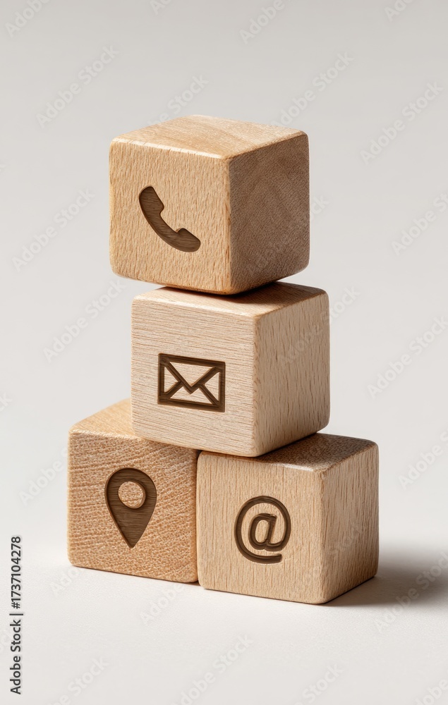 Obraz premium Stacked wooden blocks with communication icons