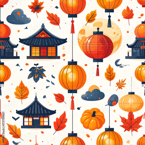 Autumn Festival Seamless Pattern with Lanterns, Traditional Houses, Maple Leaves, and Pumpkins 