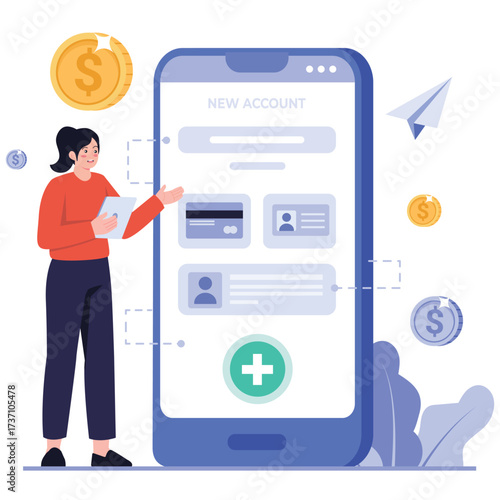 Banking Illustration. Vector illustration of Mobile onboarding screen guides a user through creating a new bank account with verification steps. Isolated on background