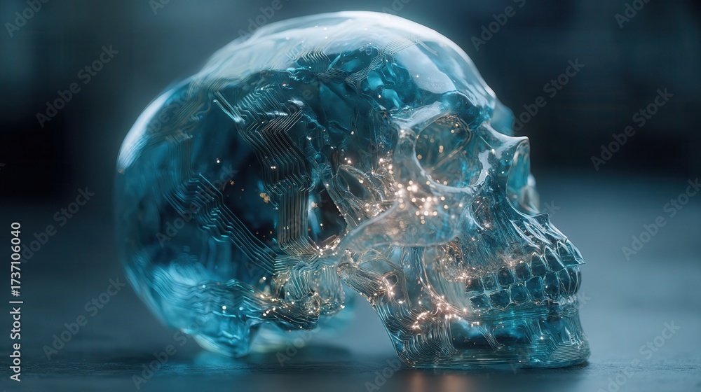Fototapeta premium halloween technology concept. Transparent skull design with intricate circuit patterns.
