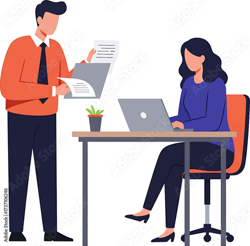 Office Scene: Man with Documents Woman at Laptop Desk Setup.