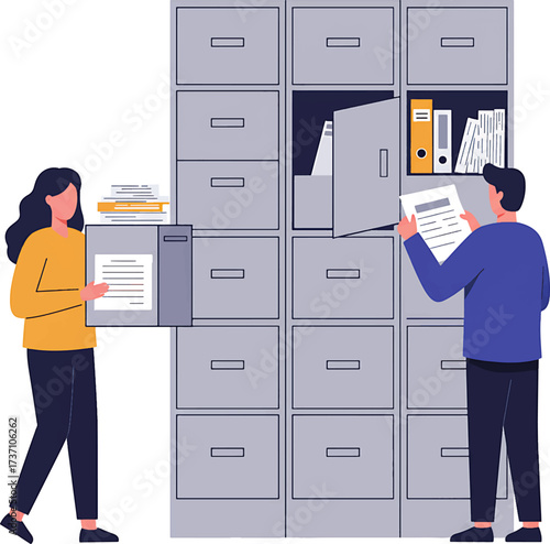 Filing Cabinet with People Searching and Organizing Documents Vector Illustration.