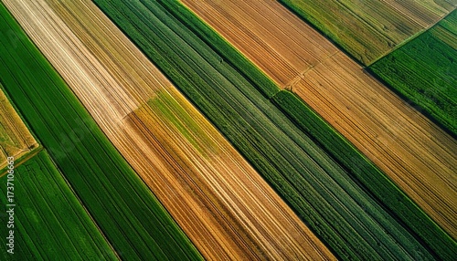 Aerial View of Agricultural Fields in Brown Green and Beige Tones with Diagonal Patterns, Textured Surface, Rows of Crops, Sunlight, Abstract Countryside
