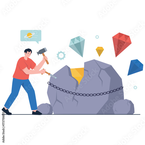 Innovation Illustration. Vector illustration of A miner chisels a chained boulder revealing colorful gems, symbolizing discovery, value creation, and breakthrough innovation. Isolated on background