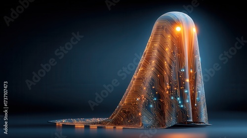halloween technology concept.. Futuristic figure with electronic circuit patterns glowing softly.