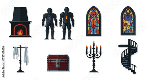 medieval castle interior elements fireplace armor stained glass a treasure chest candelabra and spiral staircase perfect for fantasy illustrations