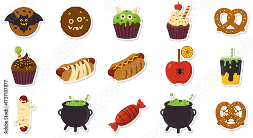 Spooky halloween sweets and treats for scary party decorations cauldron pretzels hotdogs and candies perfect for themed illustrations.
