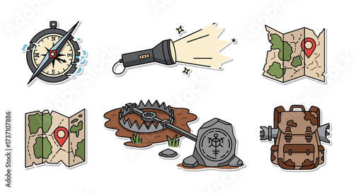 survival gear compass flashlight map bear trap and backpack for outdoor adventure perfect for camping trip planners and wilderness guides.
