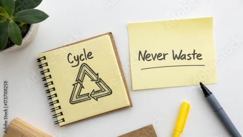 Wallpaper Mural Creative Concept of Sustainability and Recycling with Notepad, Sticky Note, and Plant on White Desk Surface Torontodigital.ca