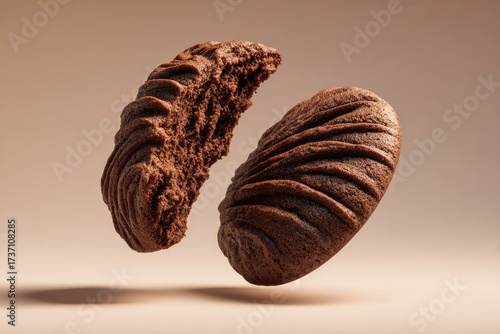 Two halves of a rich, dark chocolate cookie levitate against a muted beige background.  