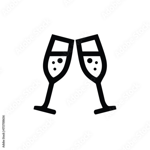 Celebration toast icon two champagne glasses clinking with bubbles simple line art