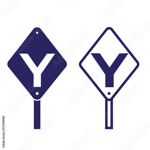 Two road signs illustrating a y junction in various styles over white background