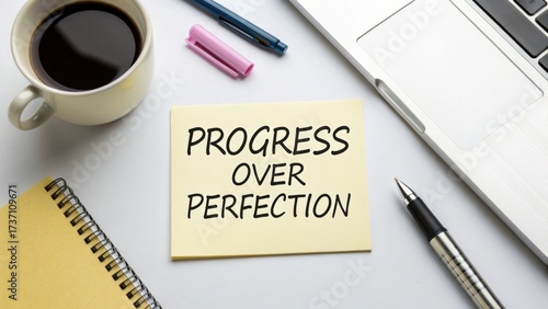 Wallpaper Mural Motivational Workspace Scene Featuring Sticky Note with 'Progress Over Perfection' Message and Office Supplies on Desk Torontodigital.ca