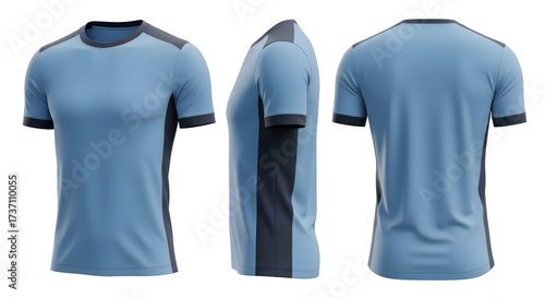 Blue soccer jersey with dark navy accents, modern football uniform t-shirt design. Perfect for sport, active lifestyle, and graphic resource mockups.