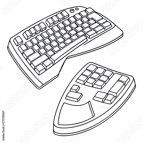A black and white line drawing of an ergonomic split keyboard with a separate number pad on a white background