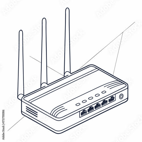 A clean line art illustration of a modern wireless router with three antennas and multiple ethernet ports on a white background