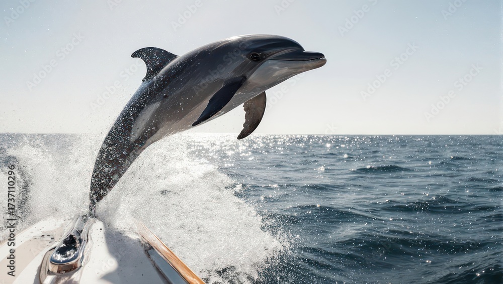 Obraz premium A playful dolphin leaping from the water, close to a boat