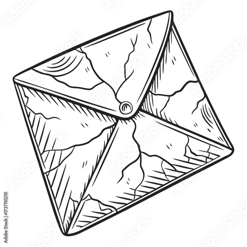 A hand drawn illustration of a cracked and weathered envelope with a button closure symbolizing old messages or forgotten correspondence
