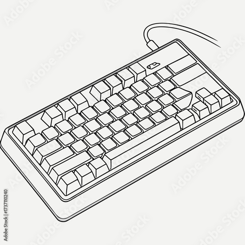 A minimalist line drawing of a compact mechanical keyboard with a usb cable presented on a clean white background