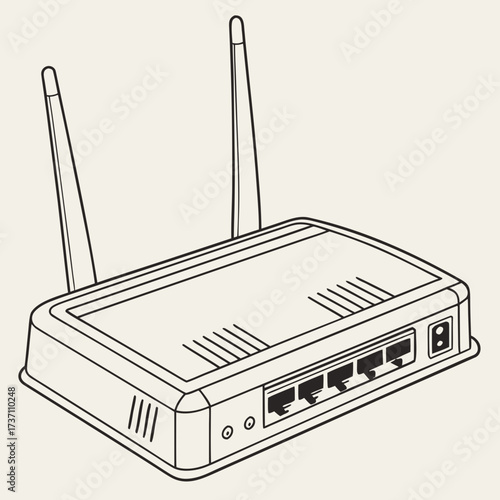 A minimalist line art illustration of a modern wireless router with two antennas and multiple ethernet ports on a neutral background