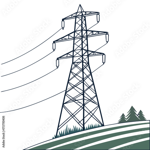 A tall dark blue power line tower stands on a green striped hill with grass and trees under a white sky