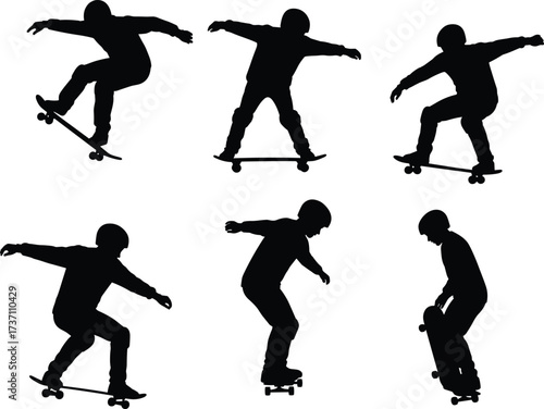 Silhouette of skateboarder performing tricks, jumping, balancing, practicing skateboarding skills, extreme sports action, urban lifestyle, youth culture, recreational activity.