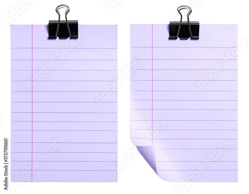 Two lined paper sheets, clipped together.  One sheet has a corner bend
