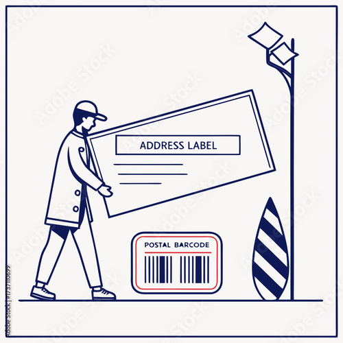 Delivery person carrying a large address label with a postal barcode and street lamp illustration