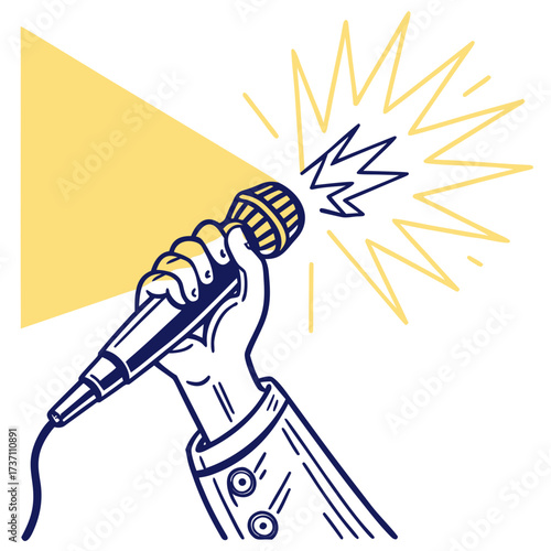 Hand holding a microphone with a spotlight and sound waves emanating from it representing performance or announcement