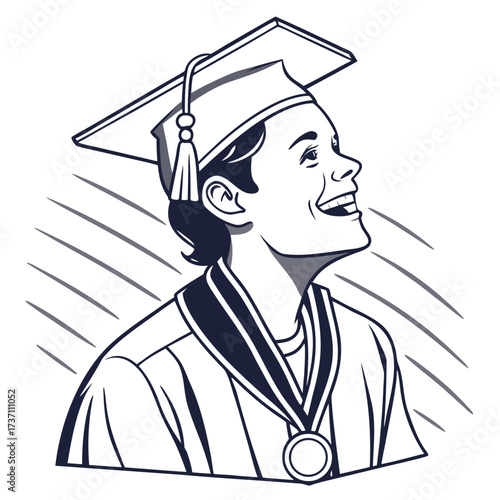Joyful graduate wearing a cap and gown with a medal looking up with a bright smile celebrating academic achievement and future success