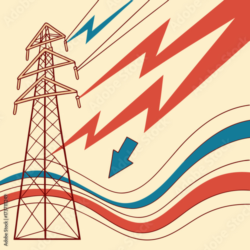 Stylized illustration of a power line tower with red and blue lightning bolts and wavy lines representing energy and transmission
