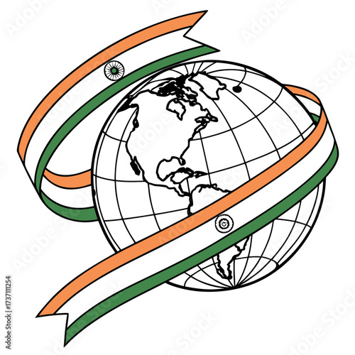 Stylized illustration of planet earth embraced by a ribbon in the colors of the indian flag symbolizing global reach and national pride
