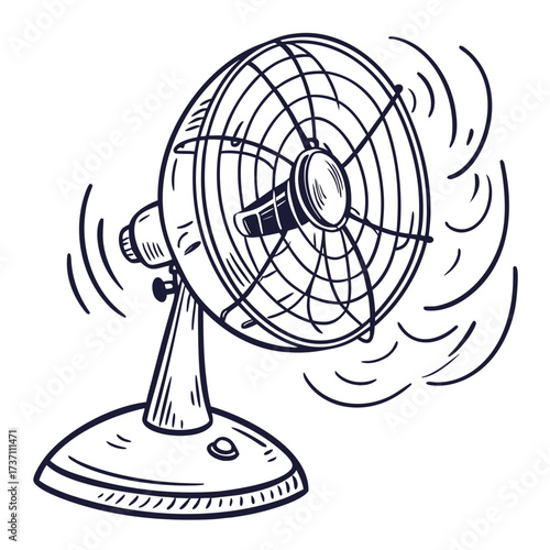 Vintage desk fan illustration with swirling air lines indicating airflow and movement on a white background