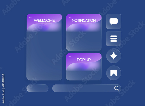 Glassmorphism UI Elements Purple Theme – Modern Transparent Wireframe Layout Kit with Gradient Panels for Mobile App, Dashboard, and Web Interface Design in Minimal Vector Template