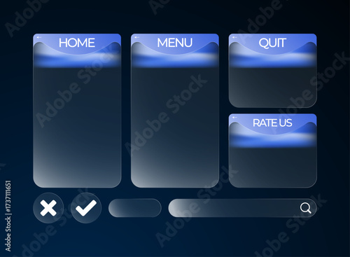 Glassmorphism Game UI Menu Pack – Transparent Blue Gradient Panels with Home, Menu, Quit, and Rate Us Buttons for Mobile App, Dashboard, and Web Interface Design in Minimal Vector Template