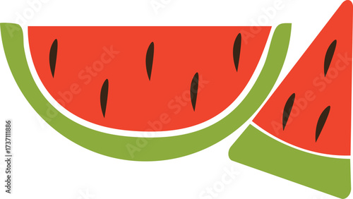 Two watermelon slices with green rind and black seeds are placed on a white backdrop