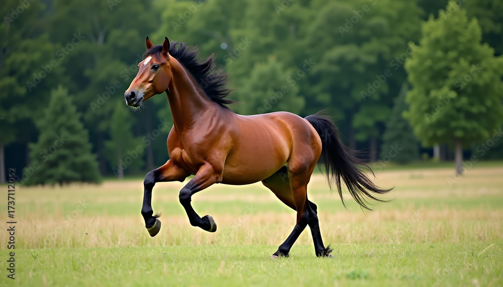 Fototapeta premium Majestic brown horse galloping through a grassy field with trees black mane black tail